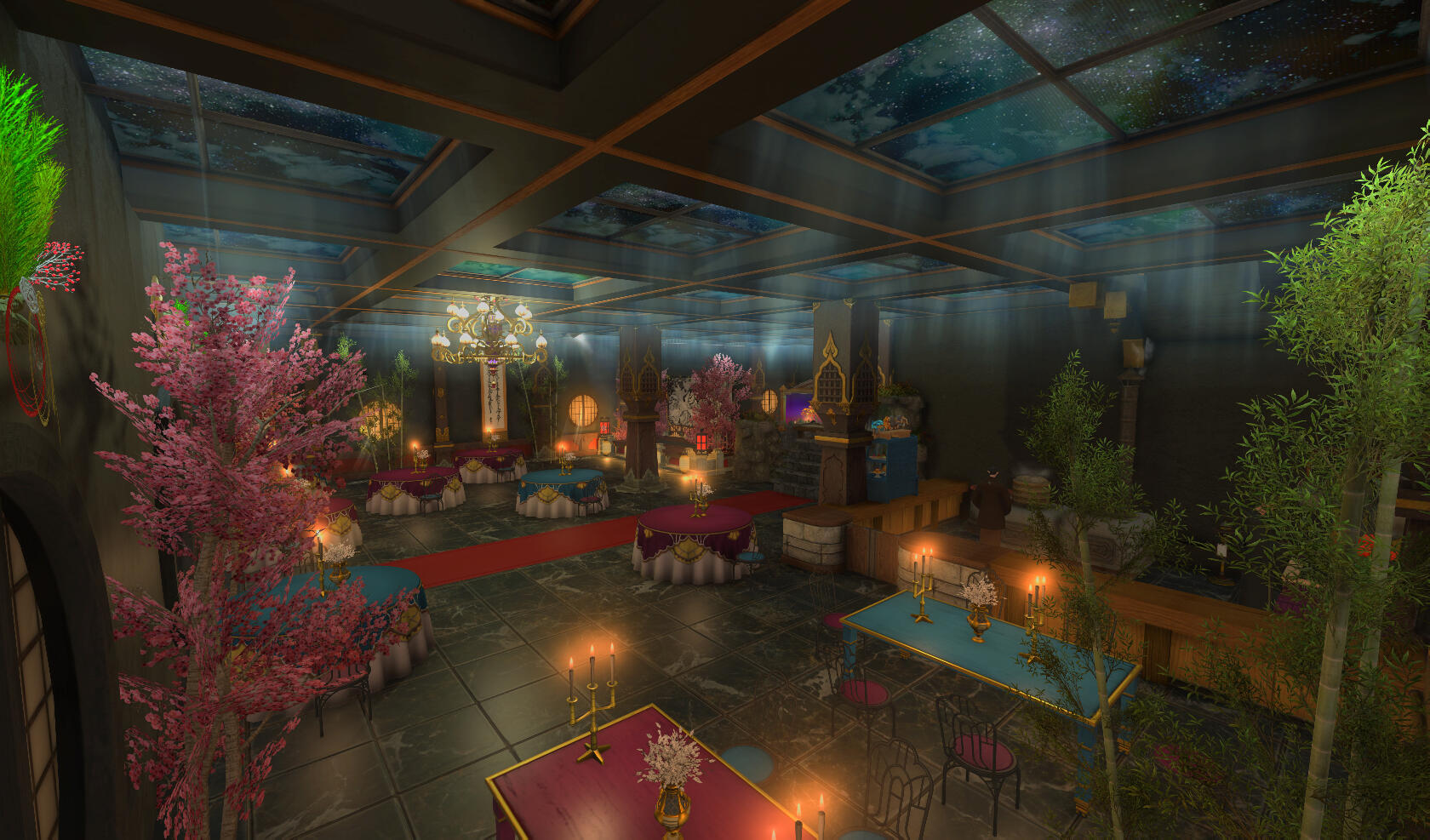 Moonrise Ryotei An upscale doman restaurant and hot spring inn in Kugane. Rooms to rent, fine dining, and events such as weddings. Golem ~ Shirogane ~ W20 ~ P7